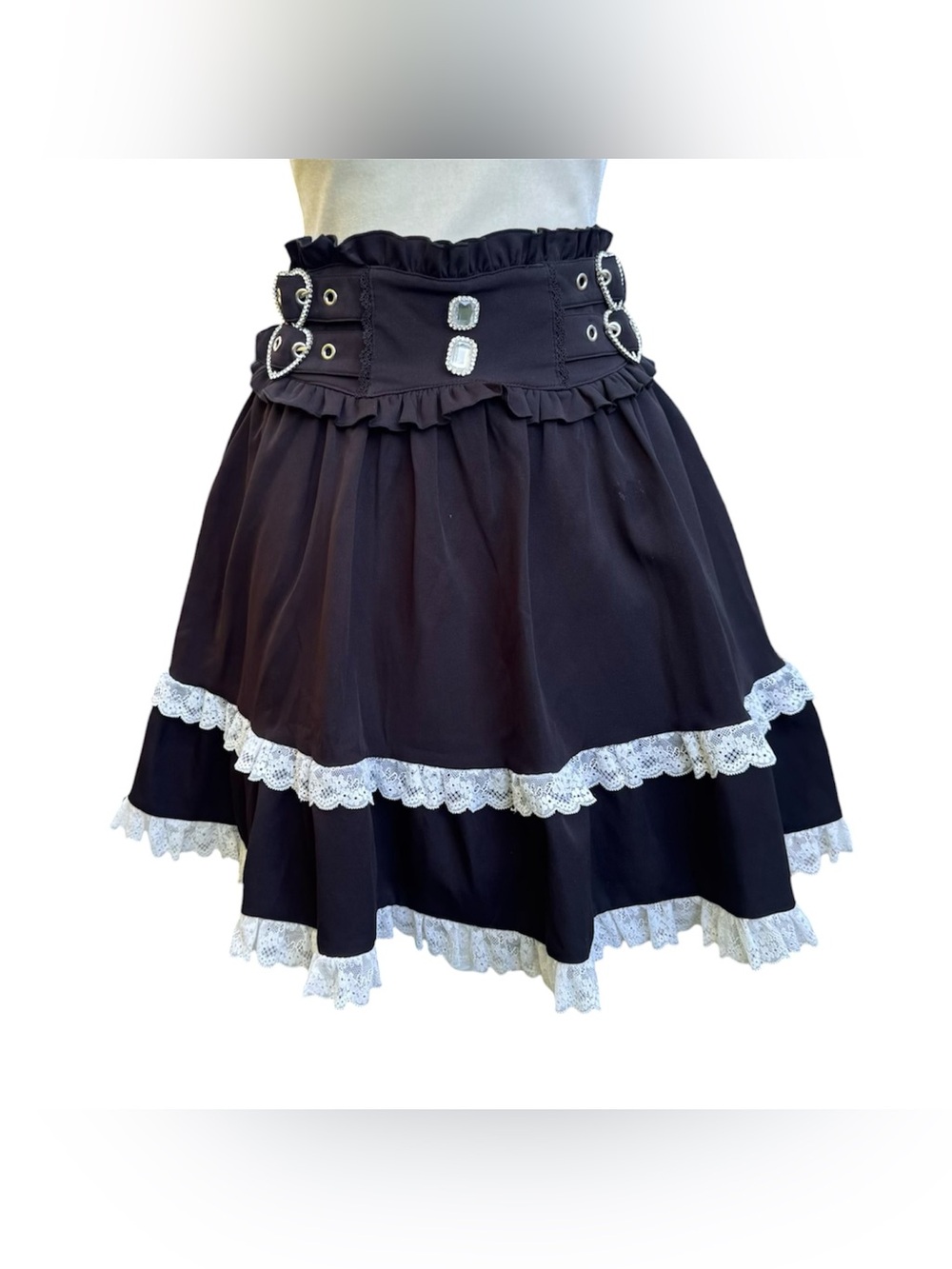 Dear My Love Jirai Kei Jfashion Black Buckle Gem Lace Tiered Black Skirt 3L